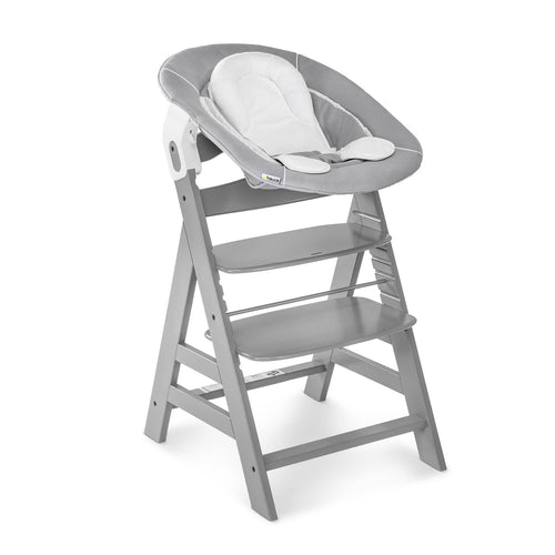 2-in-1 Babywippe & Neugeborenenaufsatz – Grau, ab Geburt bis 9 kg, mit Wippgestell, Sitzverkleinerer & 3-Punkt-Gurt, kompatibel mit Holzhochstühlen
