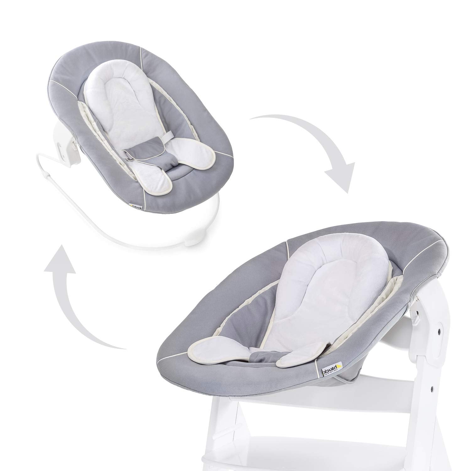 2-in-1 Babywippe & Neugeborenenaufsatz – Grau, ab Geburt bis 9 kg, mit Wippgestell, Sitzverkleinerer & 3-Punkt-Gurt, kompatibel mit Holzhochstühlen